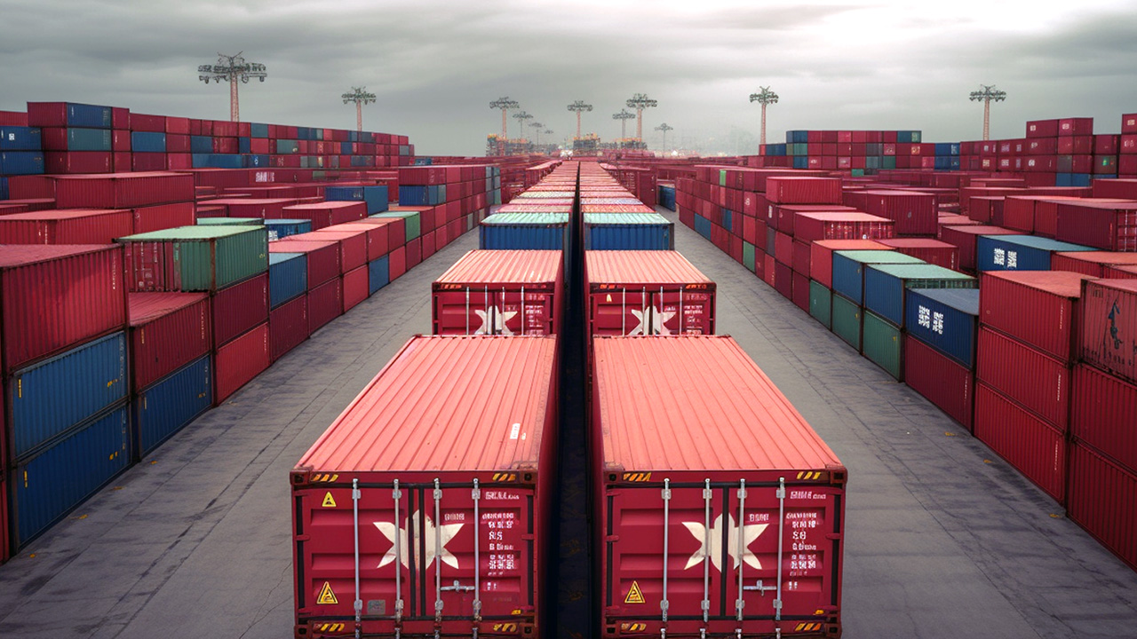 a sea of Chinese shipping containers.
